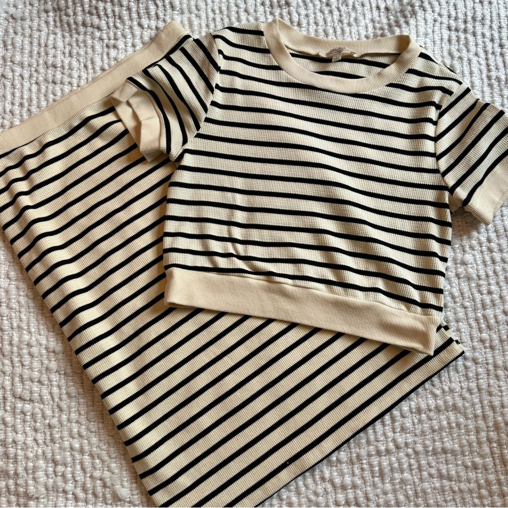 Women's Black and White Striped 2 Piece Crop Top and Skirt Set